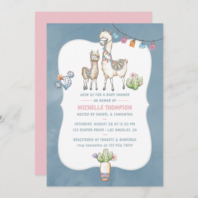 Watercolor Llama themed Baby Shower Invitation (Front/Back)