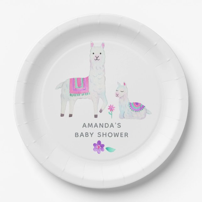 Watercolor Llama themed Baby Shower Paper Plates (Front)