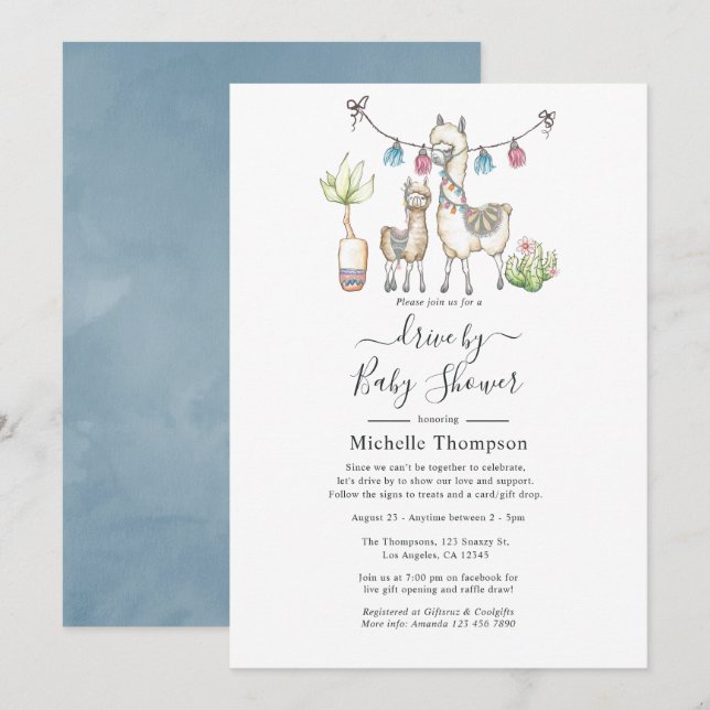Watercolor Llama themed Drive By Baby Shower Invitation (Front/Back)