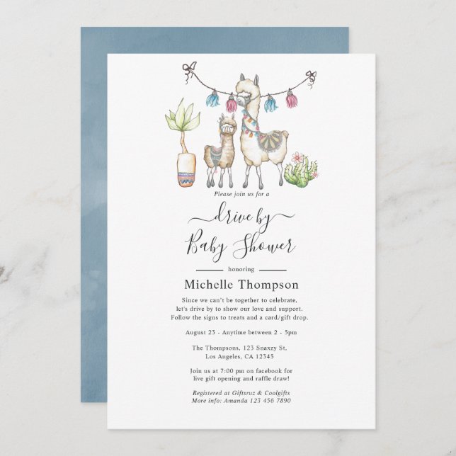 Watercolor Llama themed Drive By Baby Shower Invitation (Front/Back)