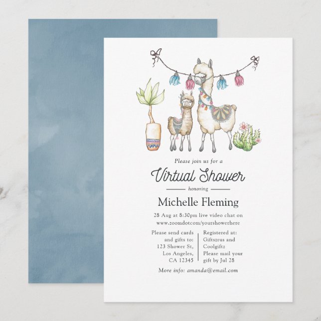 Watercolor Llama themed Virtual Baby Shower Invitation (Front/Back)