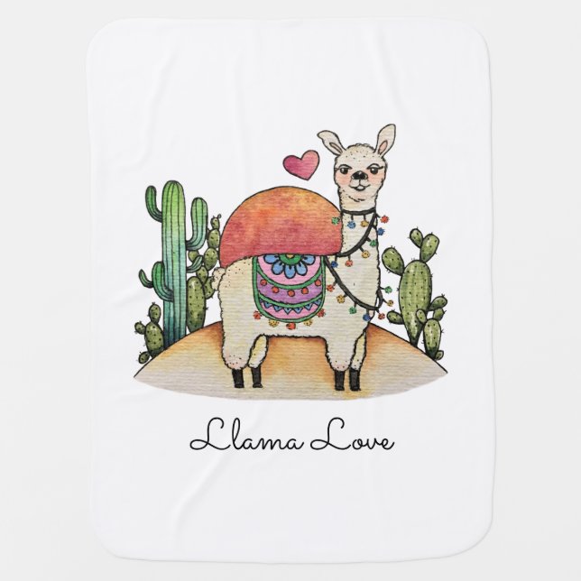 Watercolor Llama With Cactus Baby Blanket (Front)