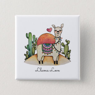 Watercolor Llama With Cactus Button