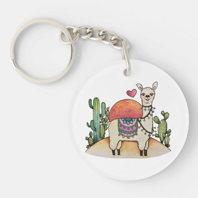 Watercolor Llama With Cactus Keychain (Front)