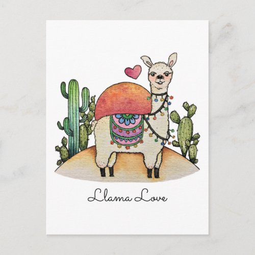 Watercolor Llama With Cactus Postcard