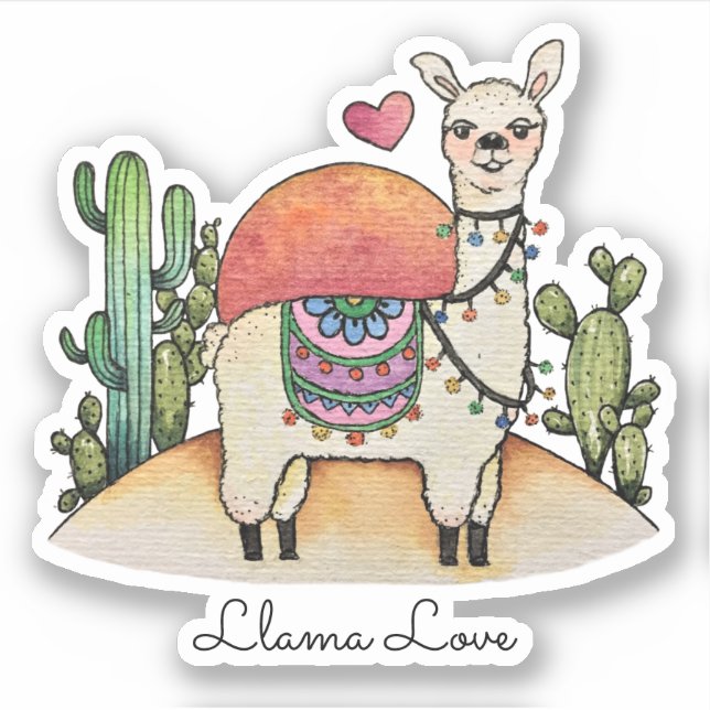 Watercolor Llama With Cactus  Sticker (Front)