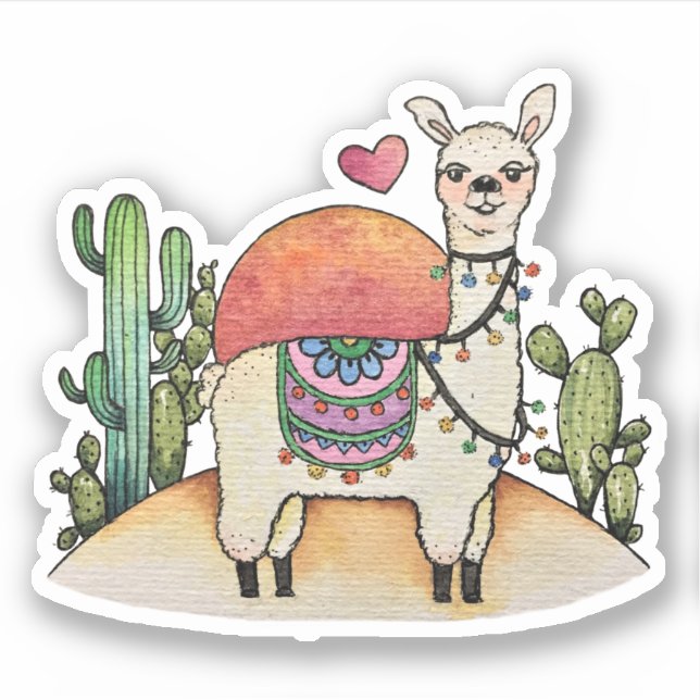 Watercolor Llama With Cactus Sticker (Front)