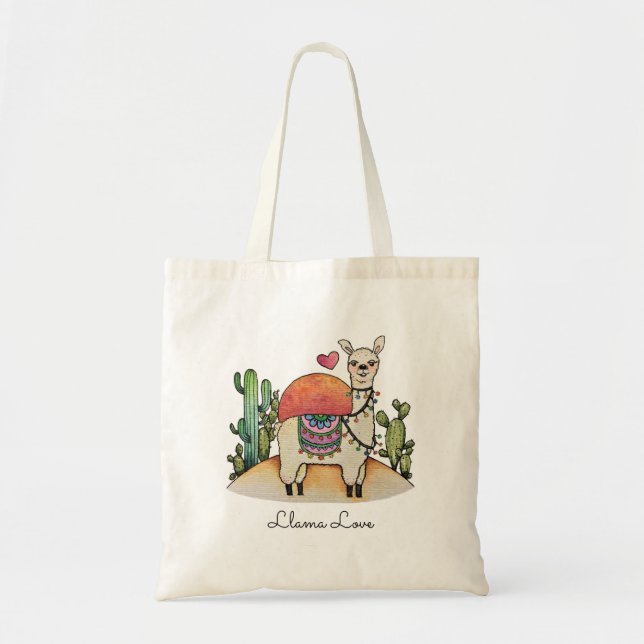 Watercolor Llama With Cactus Tote Bag (Front)