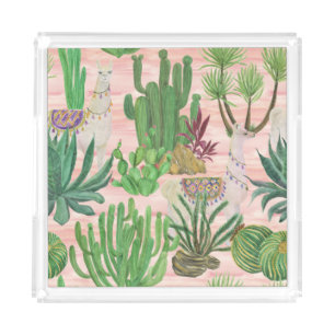 Watercolor llamas and cacti pattern. acrylic tray