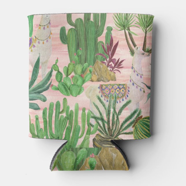 Watercolor llamas and cacti pattern. can cooler (Front)
