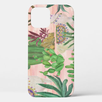 Watercolor llamas and cacti pattern. iPhone 12 case