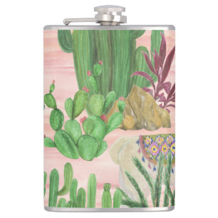 Watercolor llamas and cacti pattern. flask