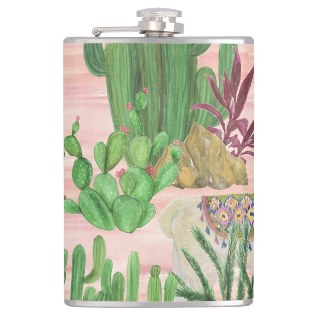 Watercolor llamas and cacti pattern. flask (Front)