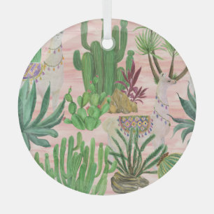 Watercolor llamas and cacti pattern. glass ornament