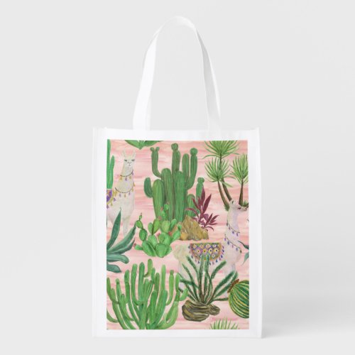 Watercolor llamas and cacti pattern grocery bag