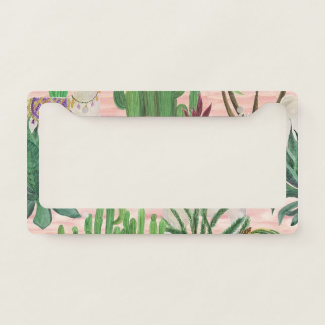 Watercolor llamas and cacti pattern. license plate frame (Front)