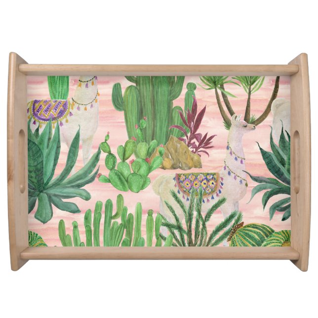 Watercolor llamas and cacti pattern. serving tray (Front)