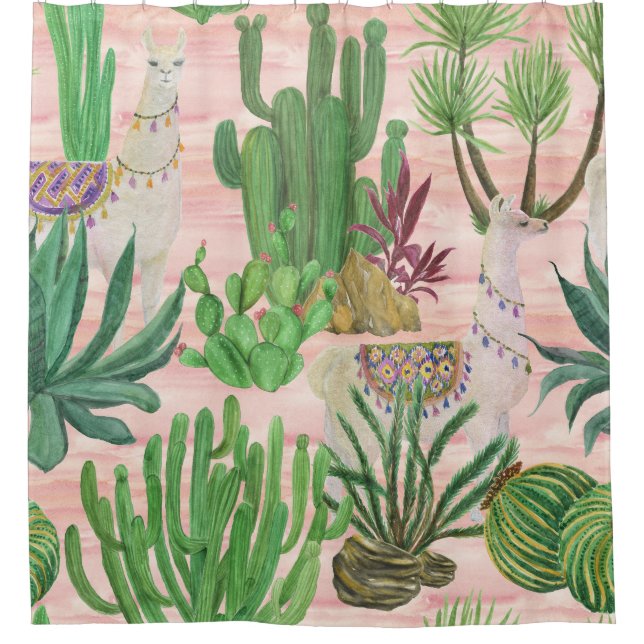Watercolor llamas and cacti pattern. shower curtain (Front)