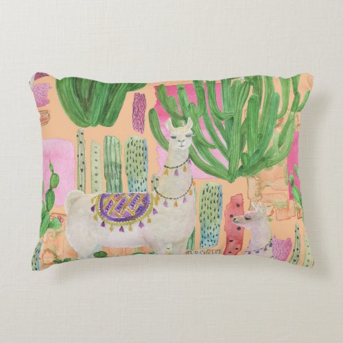 Watercolor llamas cacti seamless pattern accent pillow