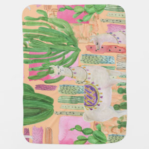 Watercolor llamas, cacti: seamless pattern. baby blanket