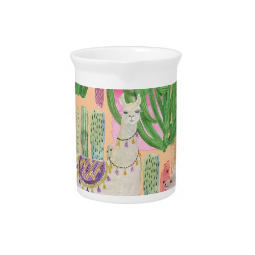 Watercolor llamas cacti seamless pattern beverage pitcher