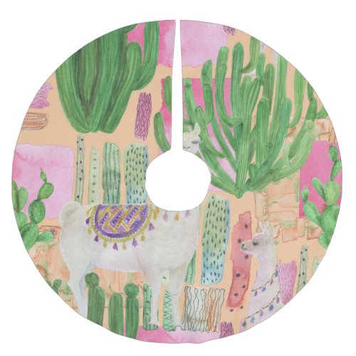 Watercolor llamas cacti seamless pattern brushed polyester tree skirt