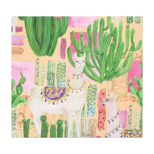 Watercolor llamas cacti seamless pattern canvas print