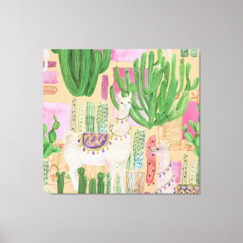 Watercolor llamas cacti seamless pattern canvas print
