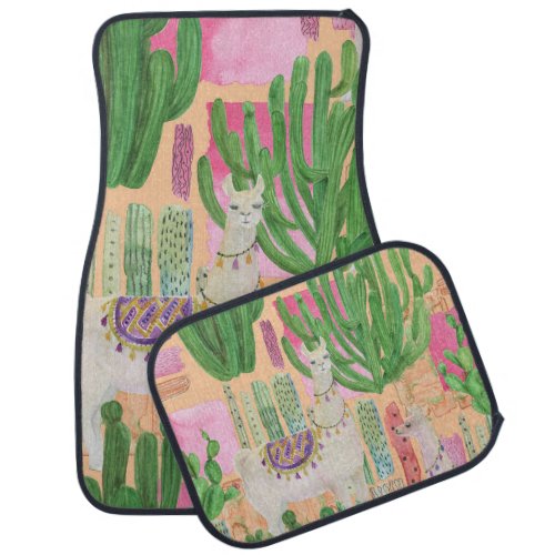 Watercolor llamas cacti seamless pattern car floor mat