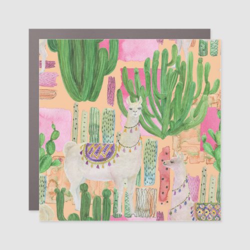 Watercolor llamas cacti seamless pattern car magnet