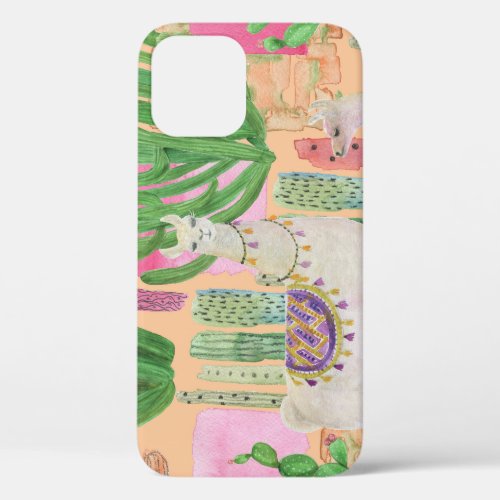 Watercolor llamas cacti seamless pattern iPhone 12 case