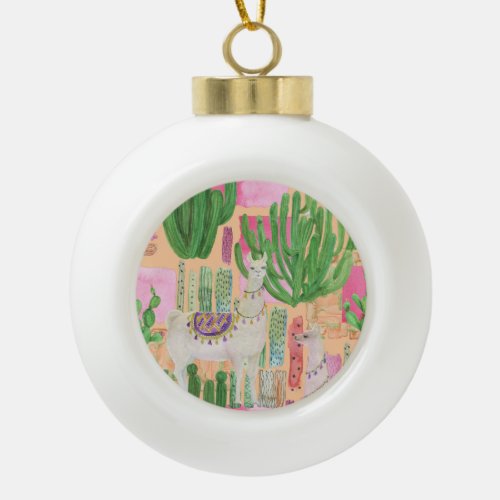 Watercolor llamas cacti seamless pattern ceramic ball christmas ornament