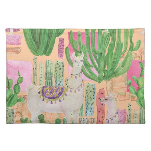 Watercolor llamas cacti seamless pattern cloth placemat