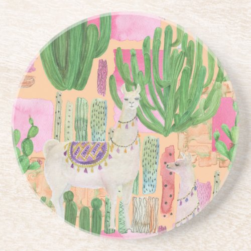 Watercolor llamas cacti seamless pattern coaster