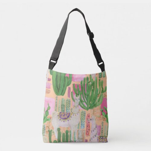 Watercolor llamas cacti seamless pattern crossbody bag