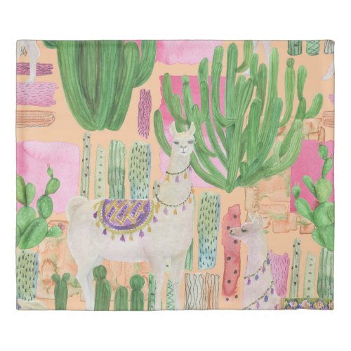 Watercolor llamas cacti seamless pattern duvet cover
