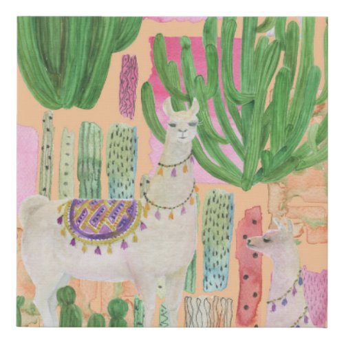 Watercolor llamas cacti seamless pattern faux canvas print