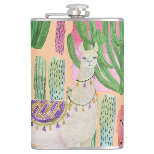 Watercolor llamas cacti seamless pattern flask