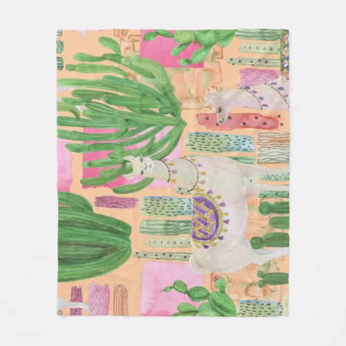 Watercolor llamas cacti seamless pattern fleece blanket