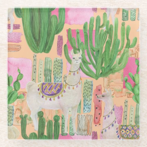 Watercolor llamas cacti seamless pattern glass coaster