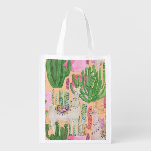 Watercolor llamas cacti seamless pattern grocery bag