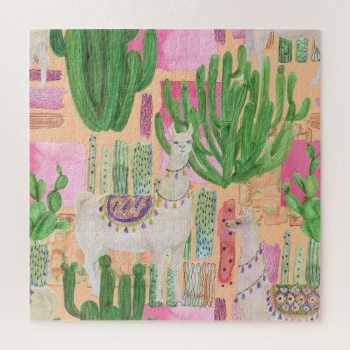 Watercolor llamas cacti seamless pattern jigsaw puzzle