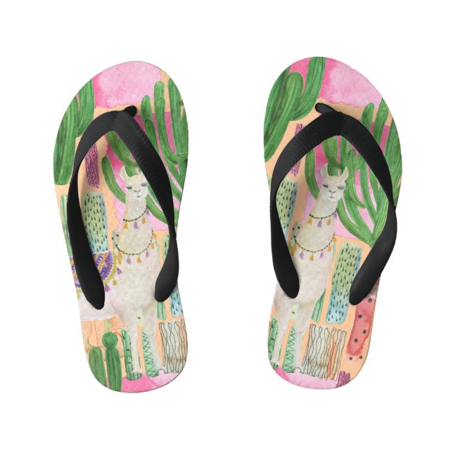 Watercolor llamas, cacti: seamless pattern. kid's flip flops (Footbed)