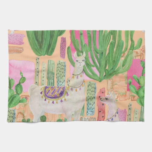 Watercolor llamas cacti seamless pattern kitchen towel