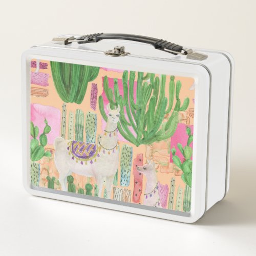Watercolor llamas cacti seamless pattern metal lunch box