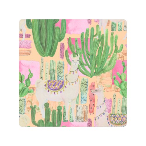Watercolor llamas cacti seamless pattern metal print