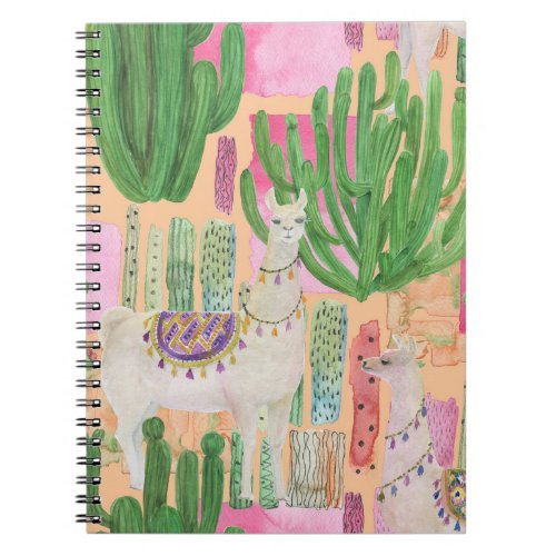 Watercolor llamas cacti seamless pattern notebook