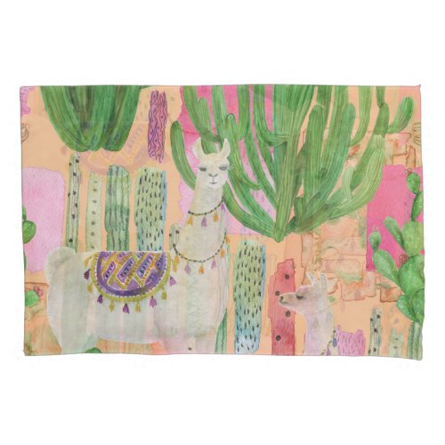 Watercolor llamas cacti seamless pattern pillow case