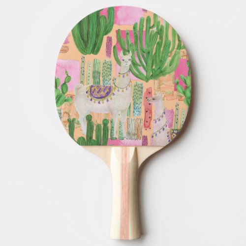 Watercolor llamas cacti seamless pattern ping pong paddle
