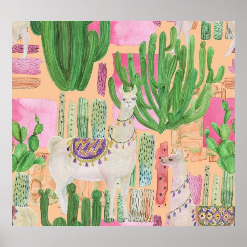 Watercolor llamas cacti seamless pattern poster